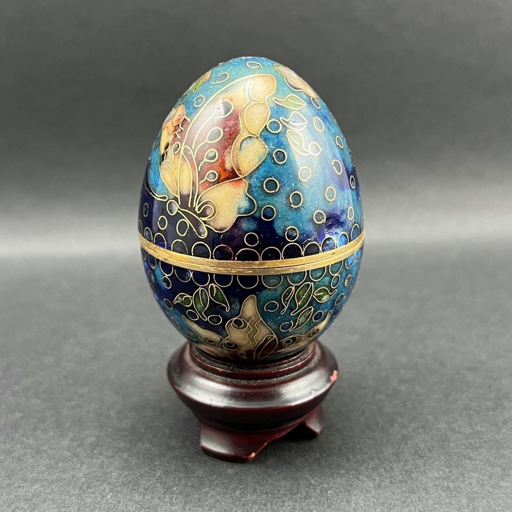 Vintage Cloisonne Trinket Box Egg Blue Floral Butterfly Wood‎ Stand 2.5"